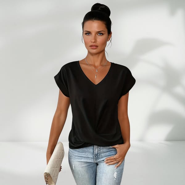 🎉Sonderpreis🎉👚Lässiges T-Shirt mit kurzen Ärmeln und eleganten Falten am V-Ausschnitt