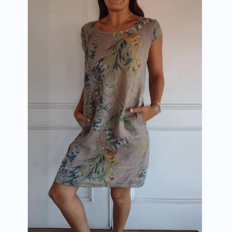 🌷LETZTER TAG VERKAUF 50% RABATT🍀Rundhalskleid mit botanischem Druck für Frauen