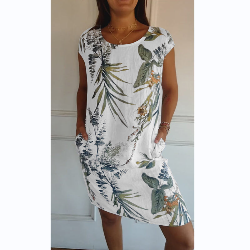 🌷LETZTER TAG VERKAUF 50% RABATT🍀Rundhalskleid mit botanischem Druck für Frauen