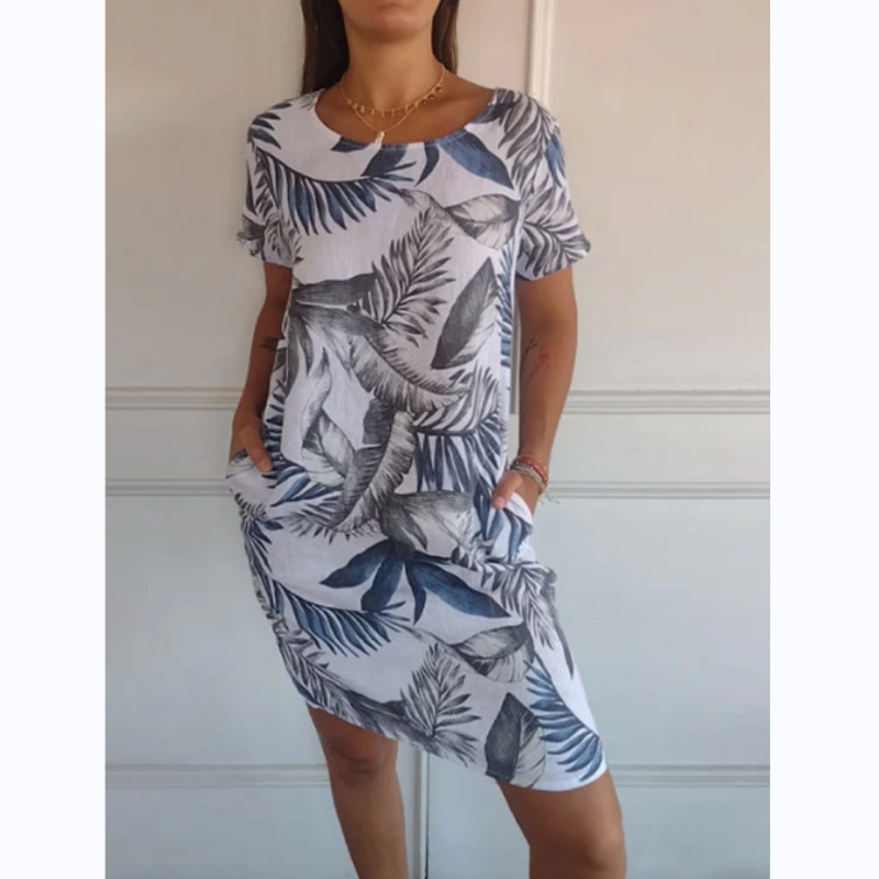 🌷LETZTER TAG VERKAUF 50% RABATT🍀Rundhalskleid mit botanischem Druck für Frauen