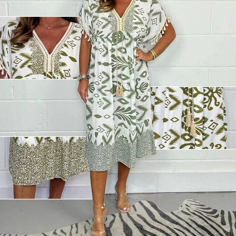 ✈️ Kostenloser Versand bei 2 Einkäufen ✈️Bedrucktes Freizeitkleid mit V-Ausschnitt und Fransen an den kurzen Ärmeln🌸Zeitlich begrenzter Rabatt, Hot Sale🌸