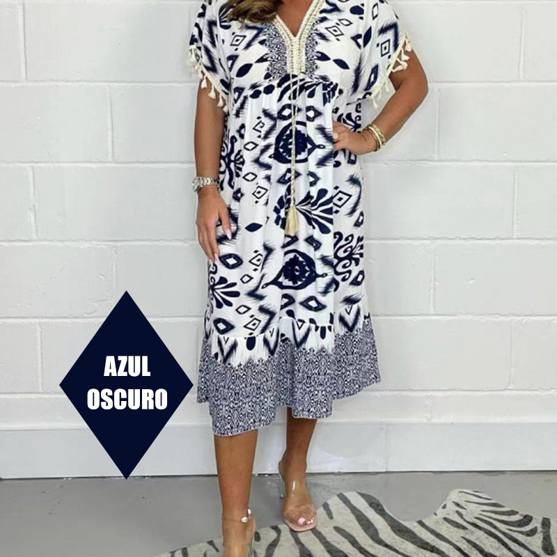 ✈️ Kostenloser Versand bei 2 Einkäufen ✈️Bedrucktes Freizeitkleid mit V-Ausschnitt und Fransen an den kurzen Ärmeln🌸Zeitlich begrenzter Rabatt, Hot Sale🌸