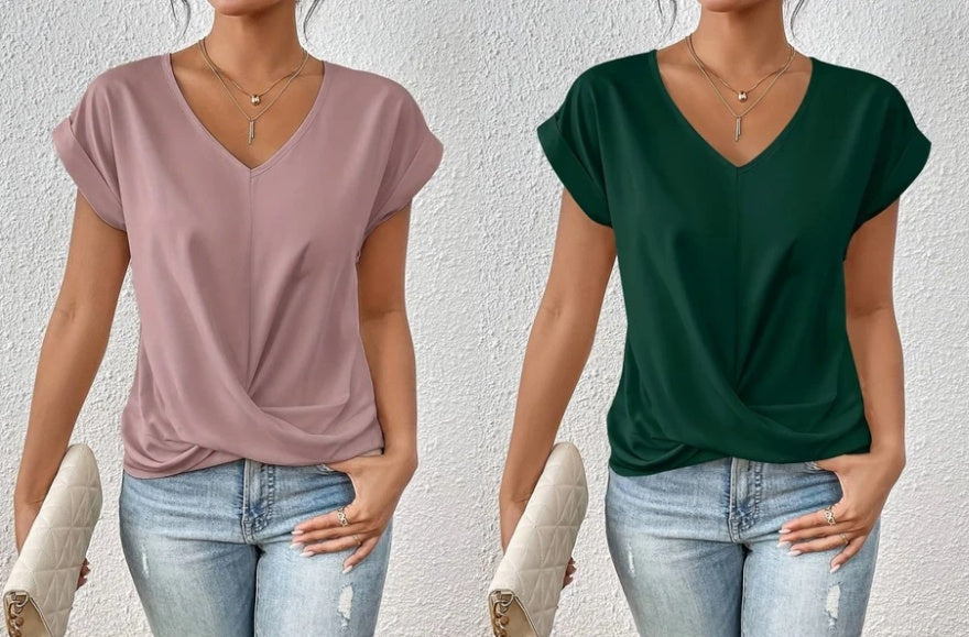 🎉Sonderpreis🎉👚Lässiges T-Shirt mit kurzen Ärmeln und eleganten Falten am V-Ausschnitt