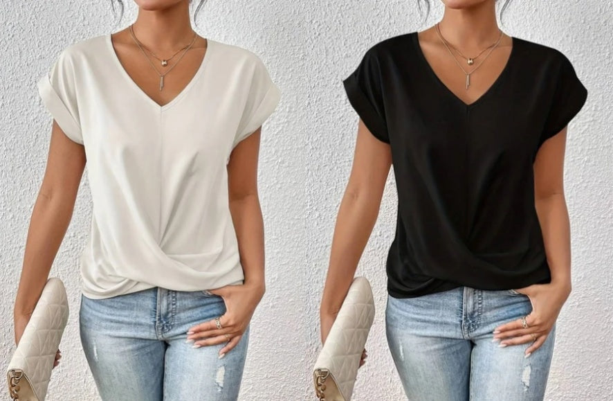 🎉Sonderpreis🎉👚Lässiges T-Shirt mit kurzen Ärmeln und eleganten Falten am V-Ausschnitt