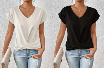 🎉Sonderpreis🎉👚Lässiges T-Shirt mit kurzen Ärmeln und eleganten Falten am V-Ausschnitt