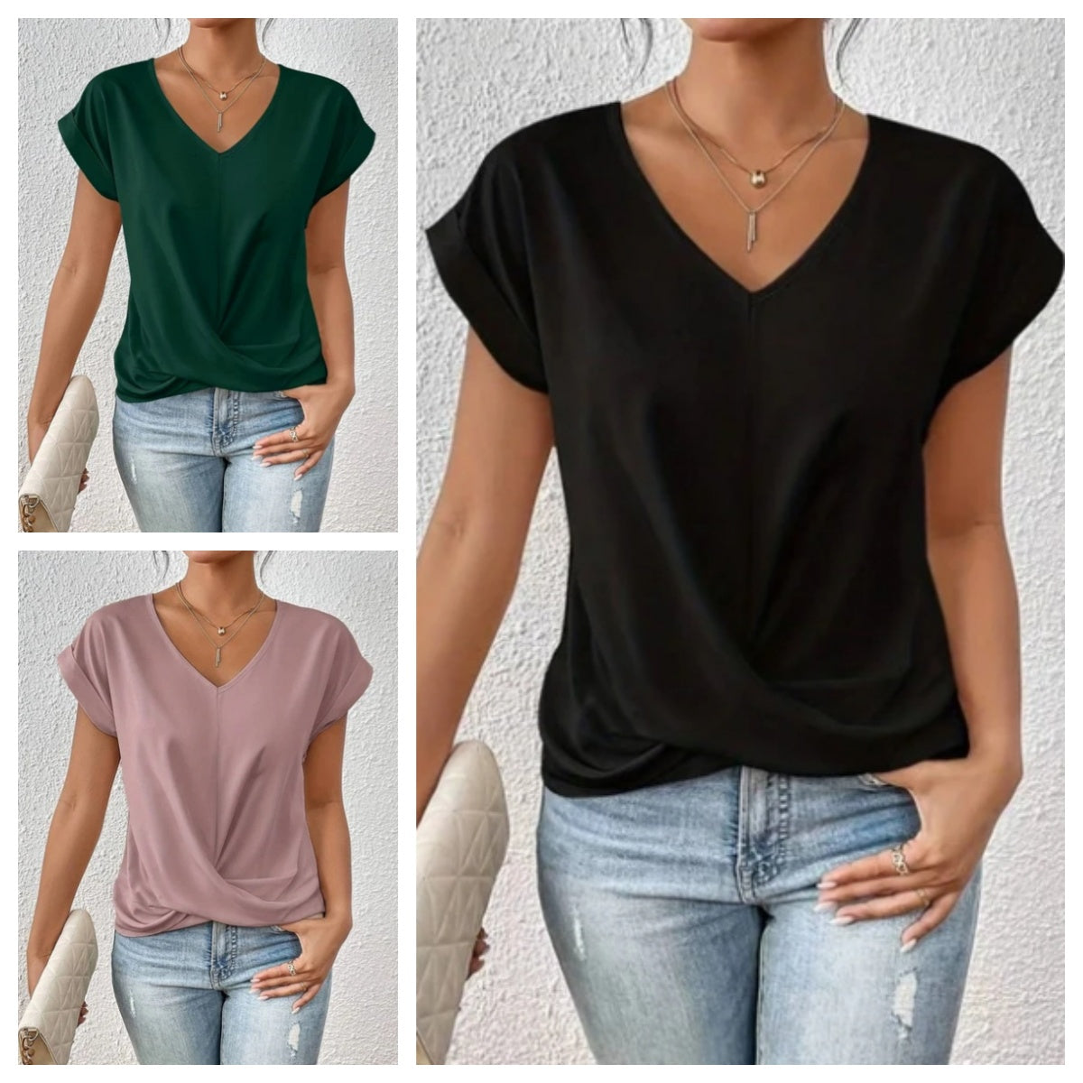 🎉Sonderpreis🎉👚Lässiges T-Shirt mit kurzen Ärmeln und eleganten Falten am V-Ausschnitt
