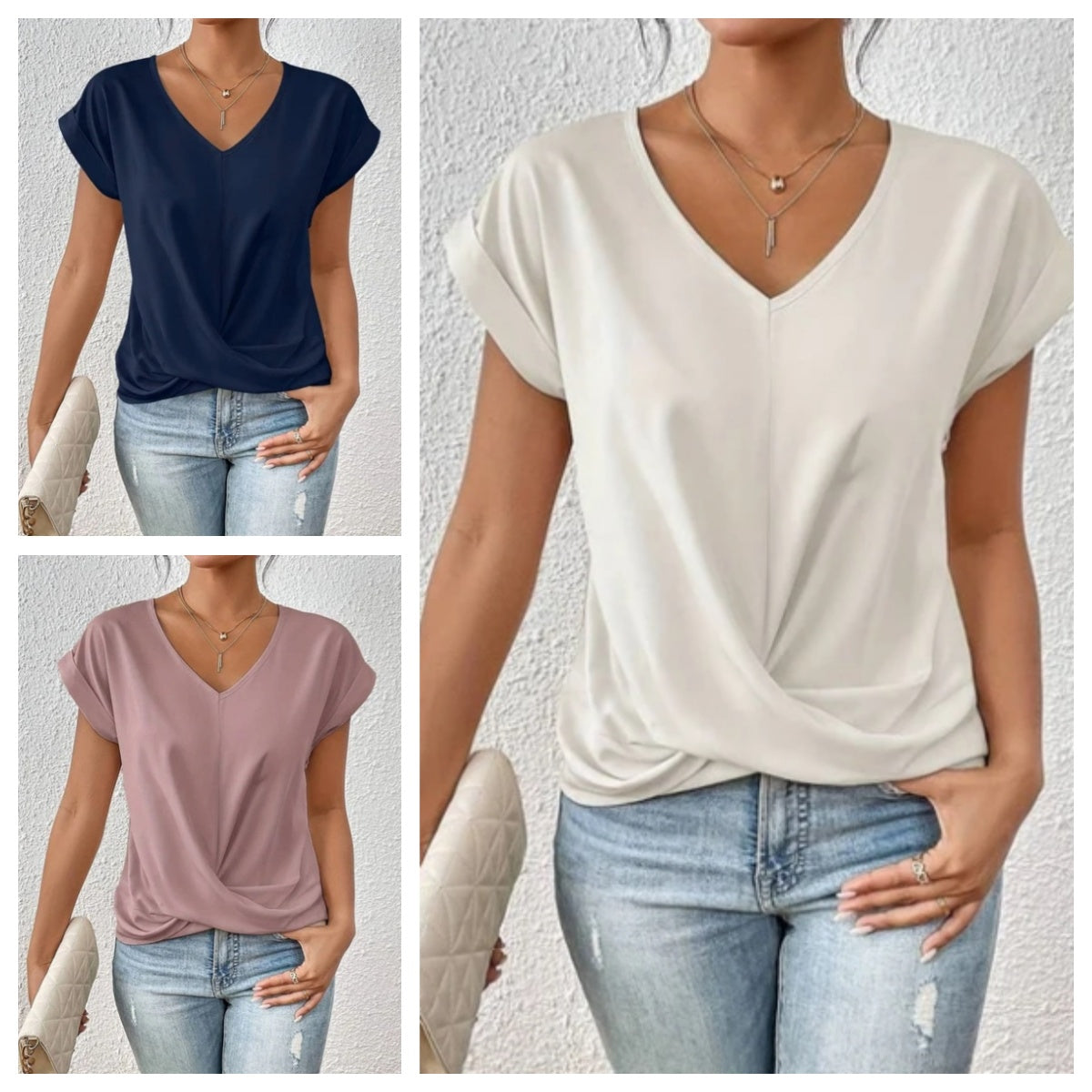 🎉Sonderpreis🎉👚Lässiges T-Shirt mit kurzen Ärmeln und eleganten Falten am V-Ausschnitt