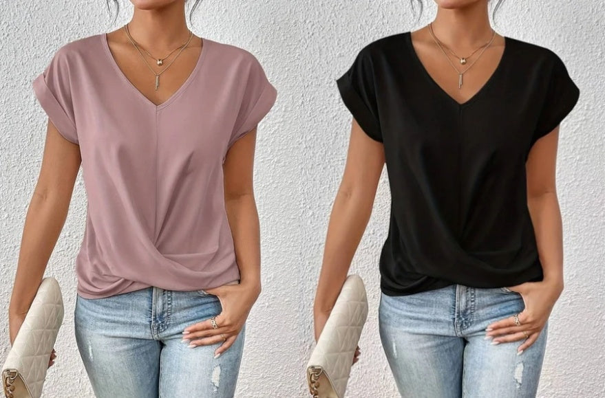 🎉Sonderpreis🎉👚Lässiges T-Shirt mit kurzen Ärmeln und eleganten Falten am V-Ausschnitt