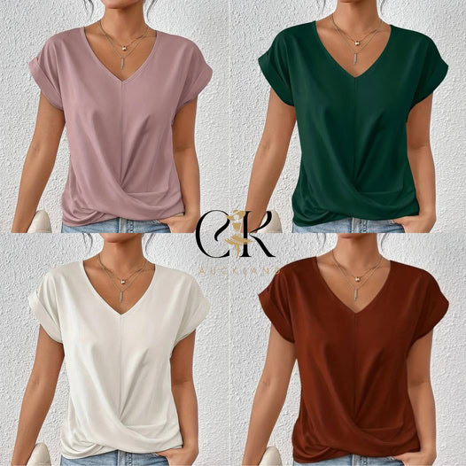 🎉Sonderpreis🎉👚Lässiges T-Shirt mit kurzen Ärmeln und eleganten Falten am V-Ausschnitt