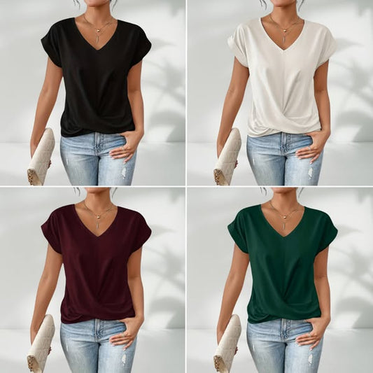 🎉Sonderpreis🎉👚Lässiges T-Shirt mit kurzen Ärmeln und eleganten Falten am V-Ausschnitt