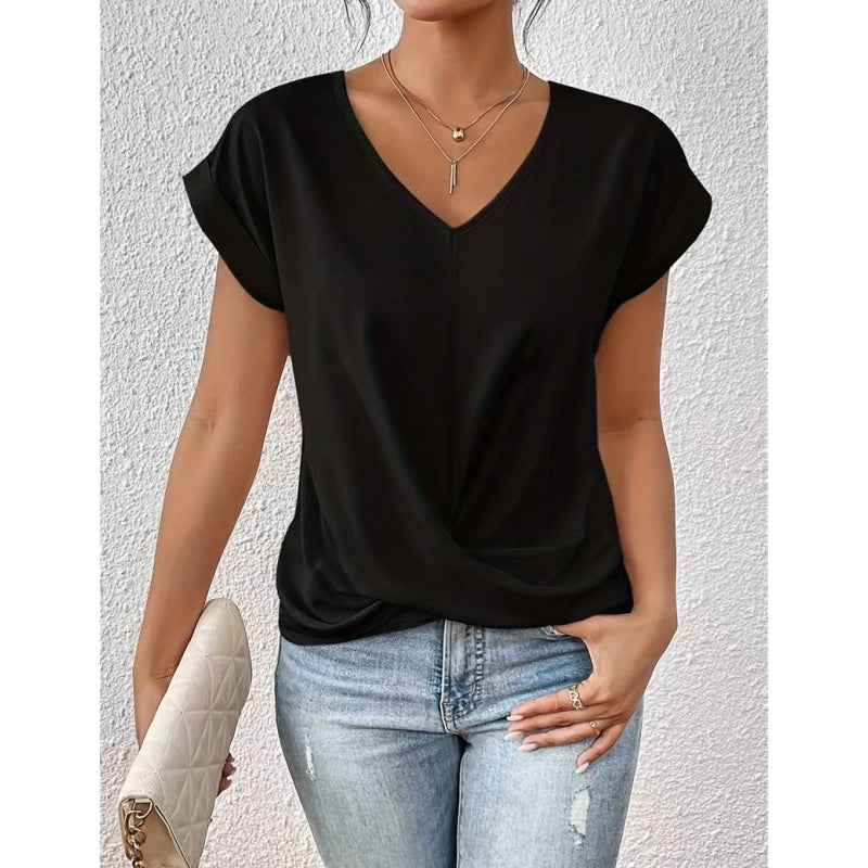 🎉Sonderpreis🎉👚Lässiges T-Shirt mit kurzen Ärmeln und eleganten Falten am V-Ausschnitt