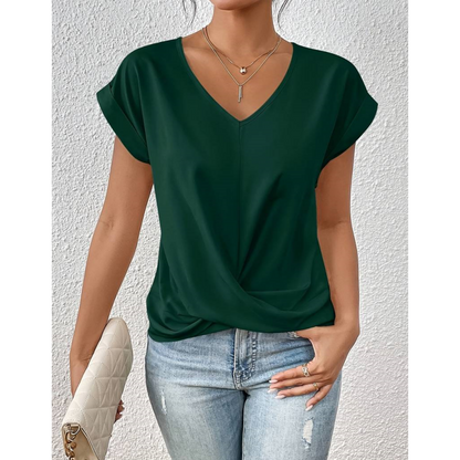 🎉Sonderpreis🎉👚Lässiges T-Shirt mit kurzen Ärmeln und eleganten Falten am V-Ausschnitt
