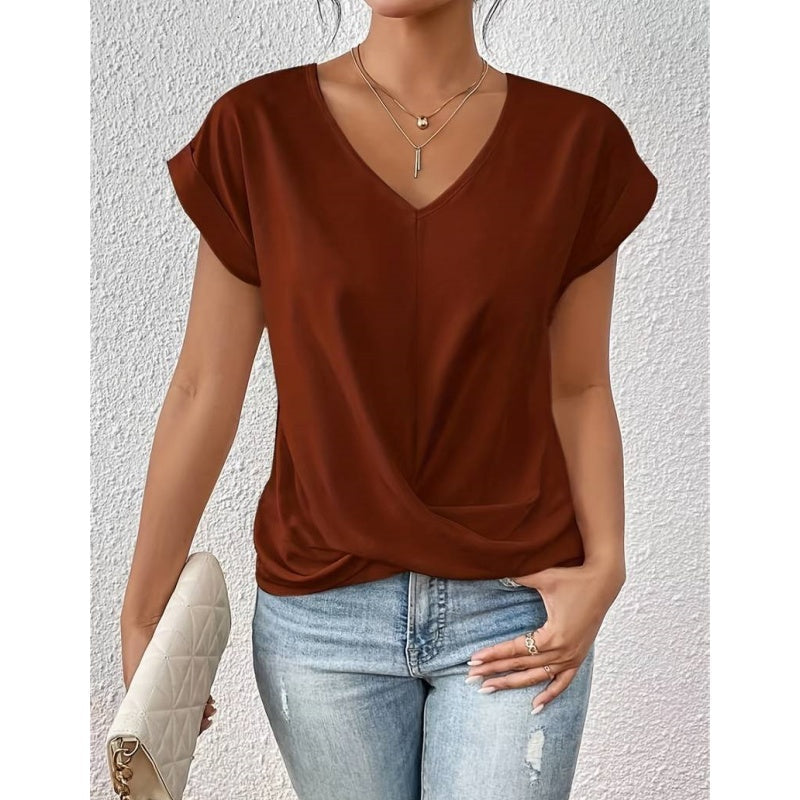 🎉Sonderpreis🎉👚Lässiges T-Shirt mit kurzen Ärmeln und eleganten Falten am V-Ausschnitt