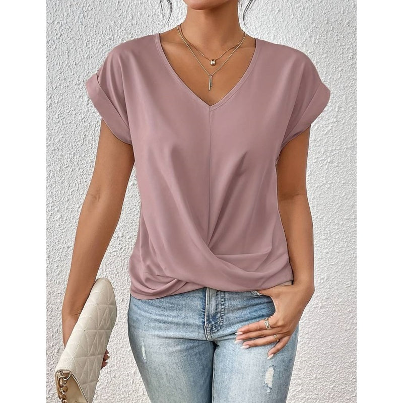🎉Sonderpreis🎉👚Lässiges T-Shirt mit kurzen Ärmeln und eleganten Falten am V-Ausschnitt