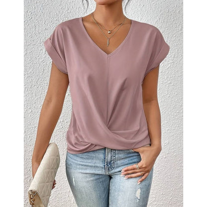 🎉Sonderpreis🎉👚Lässiges T-Shirt mit kurzen Ärmeln und eleganten Falten am V-Ausschnitt