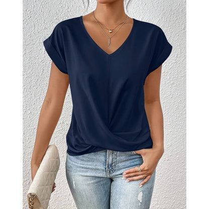 🎉Sonderpreis🎉👚Lässiges T-Shirt mit kurzen Ärmeln und eleganten Falten am V-Ausschnitt