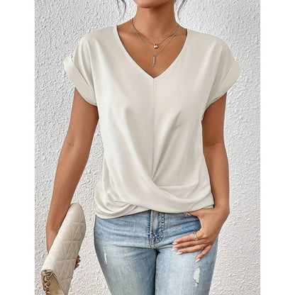 🎉Sonderpreis🎉👚Lässiges T-Shirt mit kurzen Ärmeln und eleganten Falten am V-Ausschnitt