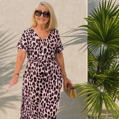 🔥Damenkleid mit Leopardenmuster und V-Ausschnitt– Verstellbarer Bund & 4 Jahreszeiten